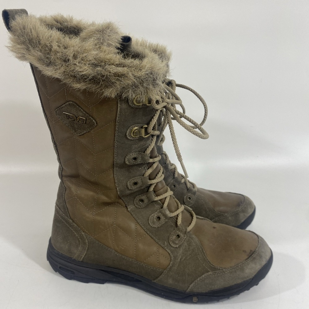 Womens Teva Lenawee Leather Boots Waterproof Thinsulate Tall Winter 10.5 Brown - Picture 4 of 11